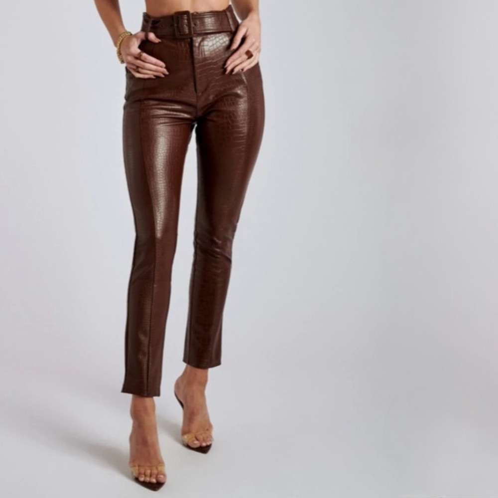 Meshki Mehra Brown Croc-Embossed Vegan Leather High Waist Belted Pants Sz Small